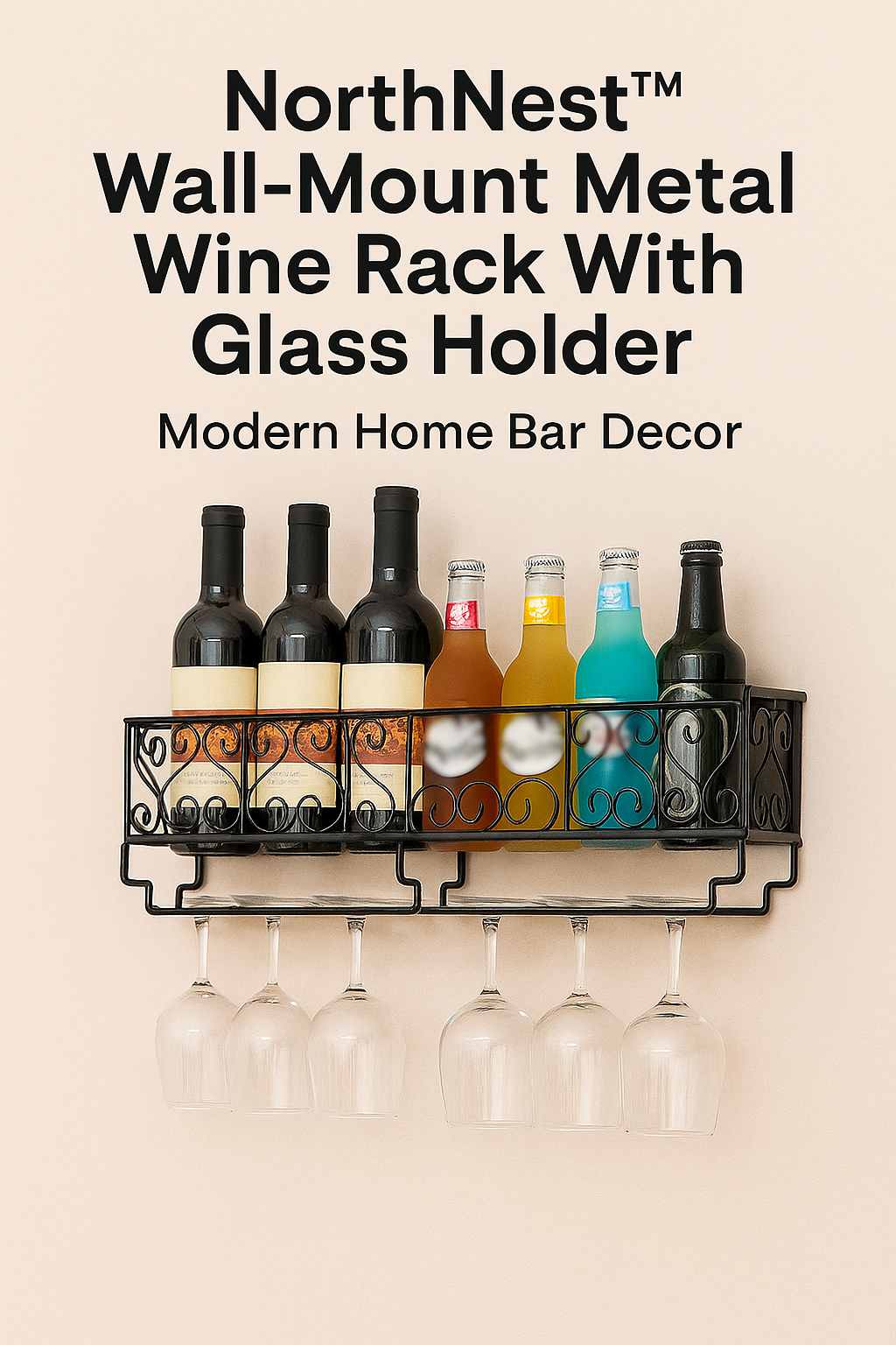 NorthNest™ Wall-Mount Metal Wine Rack With Glass Holder – Modern Home Bar Decor